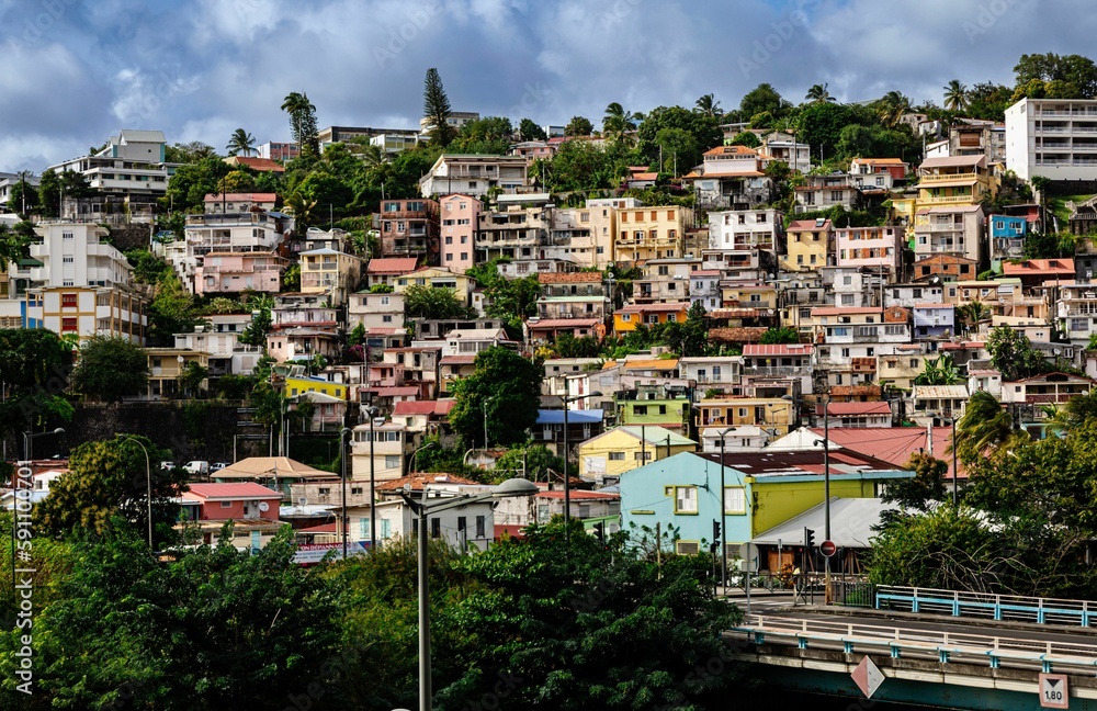 Scenic view of the Martinique island's colorful houses