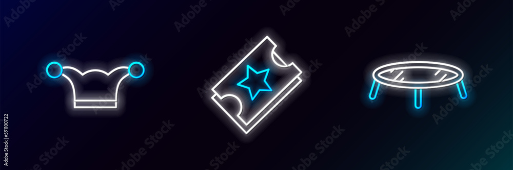 Set line Jumping trampoline, Jester hat with bells and Ticket icon. Glowing neon. Vector Set line Jumping trampoline, Jester hat with bells and Ticket icon. Glowing neon. Vector