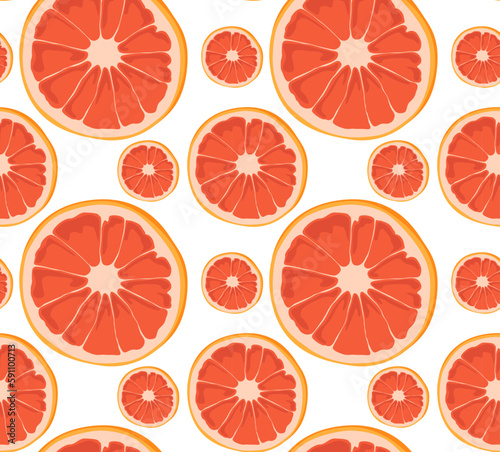 Round slices of grapefruit of different sizes. Bright and modern pattern. Seamless pattern in vector. Suitable for prints and backgrounds.