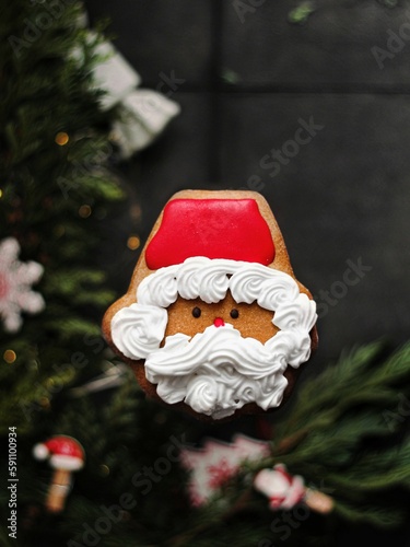 Vertical closeup shot of a beautiful frosted Santa Christmas cookie