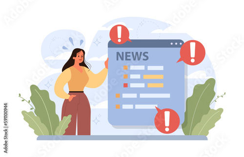 Anxious character reading bad news online. Sad worried woman