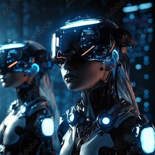 Futuristic robots with VR glasses watching 3d film tour. virtual reality goggles experiencing augmented cyberspace. Future concept