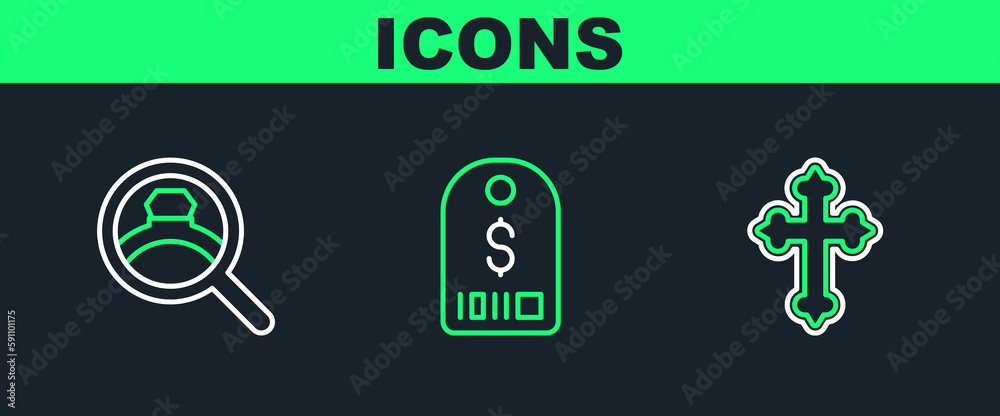 Set line Christian cross, Diamond engagement ring and Price tag with dollar icon. Vector Set line Christian cross, Diamond engagement ring and Price tag with dollar icon. Vector