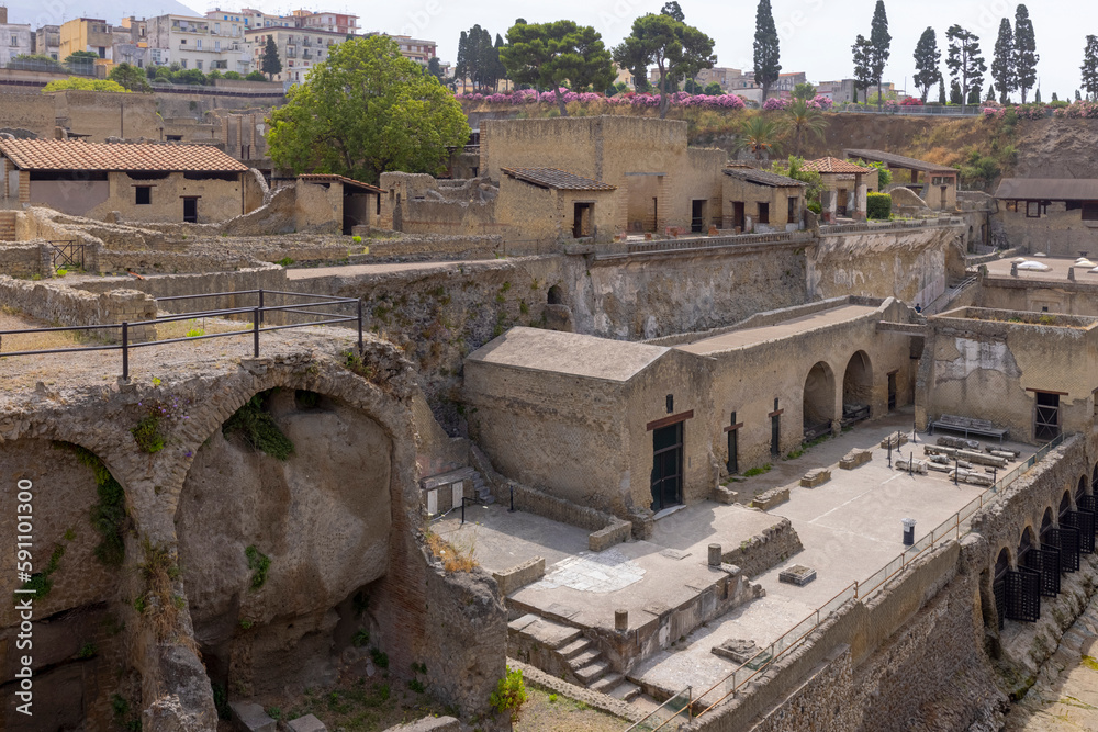 Ruins of an ancient city destroyed by the eruption of the volcano Vesuvius in 79 AD near Naples, Herculaneum, Italy.