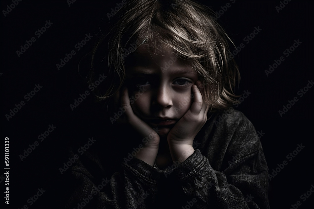 Portrait of a sad thoughtful boy hands on face sitting in dark room, generative ai Portrait of a sad thoughtful boy hands on face sitting in dark room, generative ai