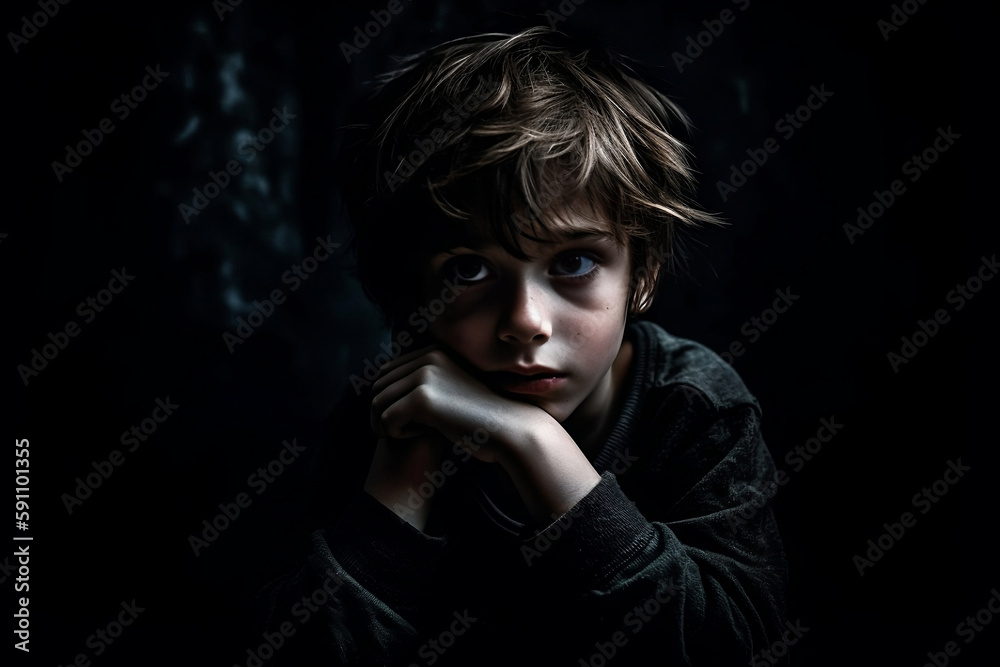 Portrait of a sad thoughtful boy sitting in dark room, generative ai Portrait of a sad thoughtful boy sitting in dark room, generative ai
