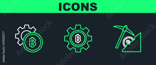 Set line Cryptocurrency cloud mining, coin Bitcoin and icon. Vector