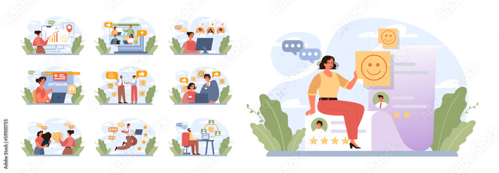 Positive thinking and optimism concept set. Employee motivation Positive thinking and optimism concept set. Employee motivation