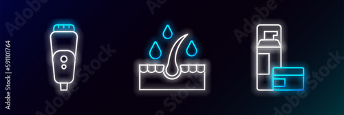 Set line Shaving gel foam, Electric razor blade and Oil for hair care treatment icon. Glowing neon. Vector