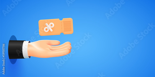 3d hand holds a coupon with percentages for various discounts and sales of goods and online movie tickets.