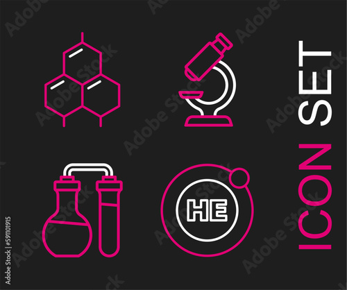 Set line Helium, Test tube, Microscope and Chemical formula icon. Vector