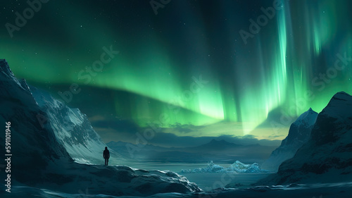 Aurora borealis and silhouette of standing man. Lofoten islands  Norway. Aurora and happy man. Sky with stars and green polar lights. Night landscape with aurora and people. Concept. Travel background