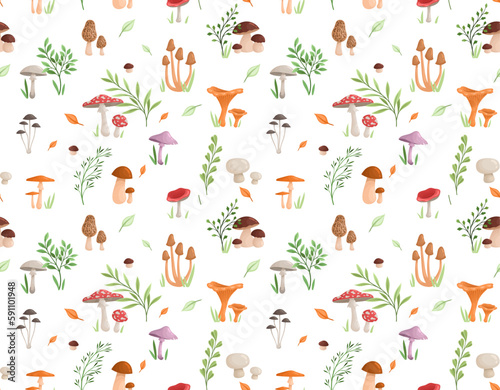 Mushrooms seamless pattern. Repeating design element for printing on fabric. Autumn nature and forest, plants and flora. Fly agaric, boletus and chanterelles. Cartoon flat vector illustration