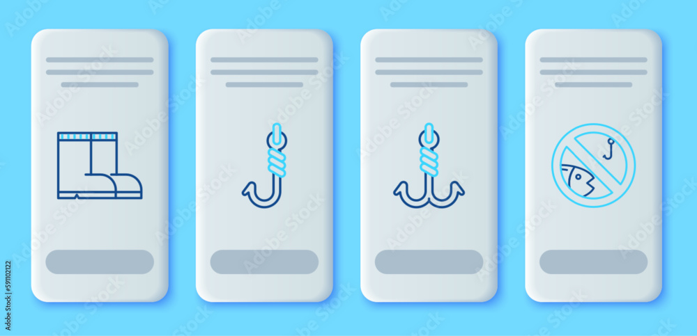 Set line Fishing hook, boots and No fishing icon. Vector