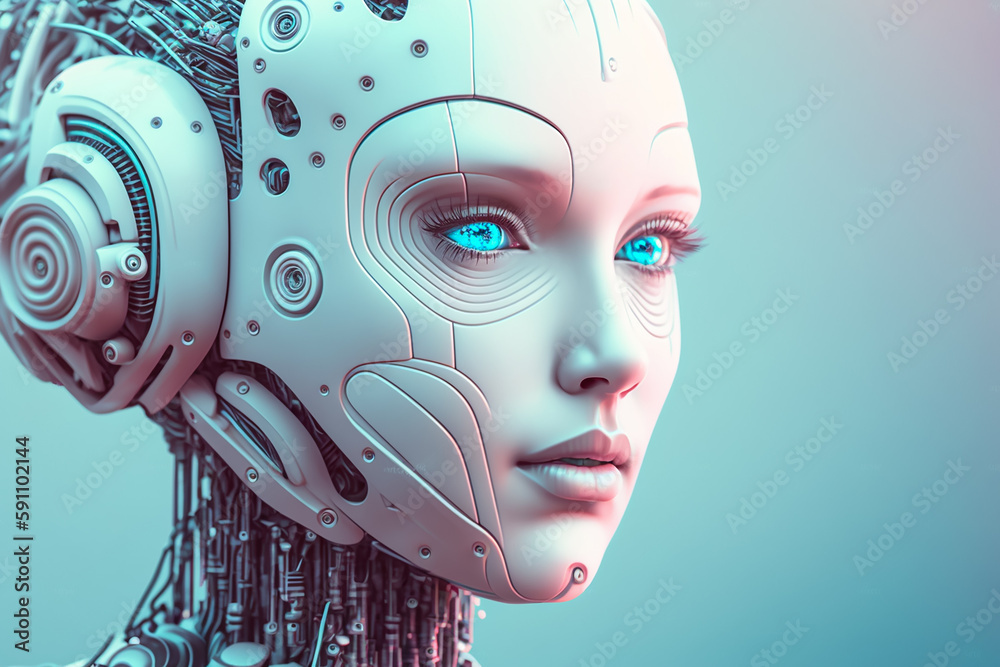 ヒューマノイドロボットの頭部の機械構造のクローズアップ、ブルーパープル色の背景　Generative AI 