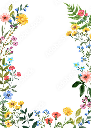 Oval-shaped wildflower frame. Watercolor floral wreath made of summer colorful flowers and green leave. Card with space for text.