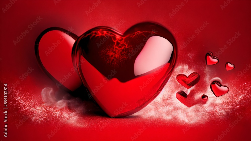 3D rendering of shiny red hearts in white powder on a red background