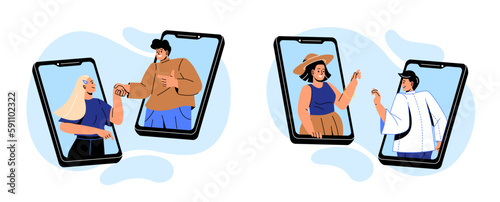 People on phones set. Men and women communicate on Internet. Video call or conference. Communication in social networks and messengers. Cartoon flat vector illustrations isolated on white background