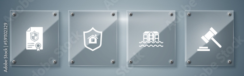 Set Judge gavel, House flood, with shield and Contract. Square glass panels. Vector