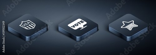 Set Isometric Shield with stars, USA Independence day and Vote icon. Vector
