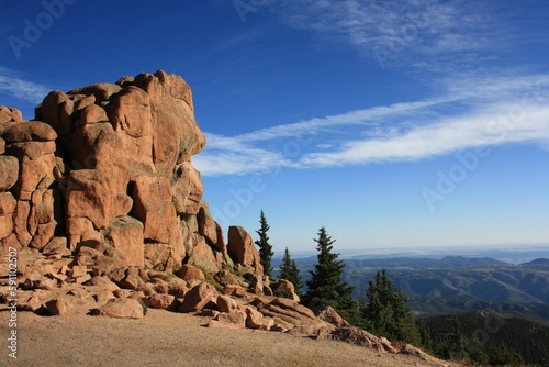 Mountain view of the Colorado Rockies from the red rock area of Pikes Peak