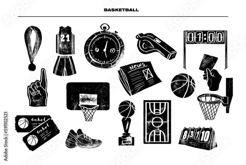 Sports background with basketball ink, engraving style