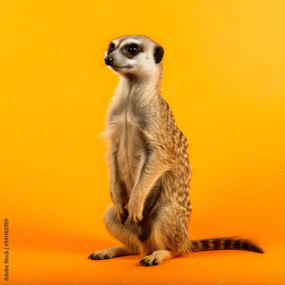 Obraz premium meerkat standing isolated on yellow studio background, made with generative ai