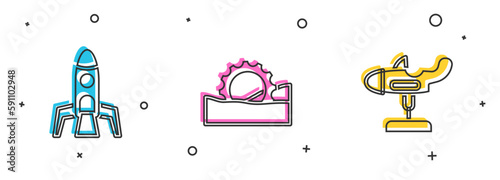 Set Rocket ship, Ferris wheel and Swing plane icon. Vector