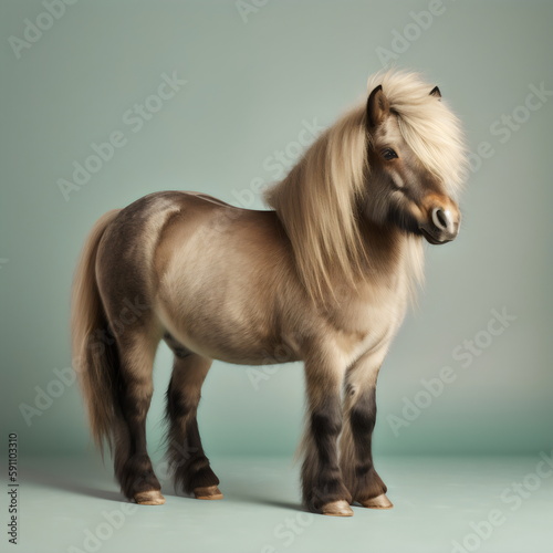 shetland pony  standing isolated on gray-green studio background, made with generative ai photo