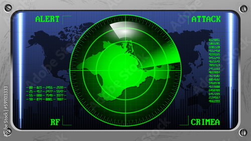 Vector blue panel with round green radar and green map of Crimea. Military device with a bright screen and glare. Inscriptions, alert, attack and RF.