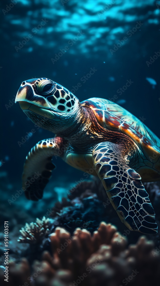 close up sea turtle swimming majestically underwater, made with generative ai