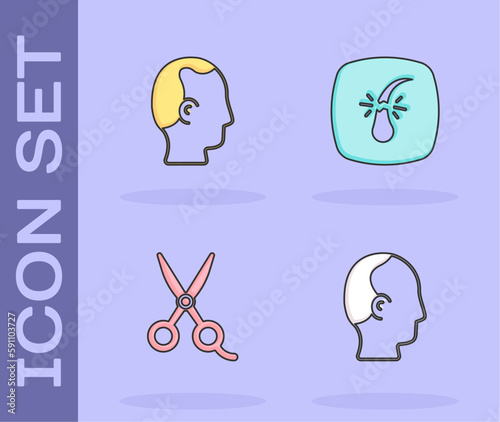 Set Baldness, Scissors hairdresser and Broken follicle icon. Vector