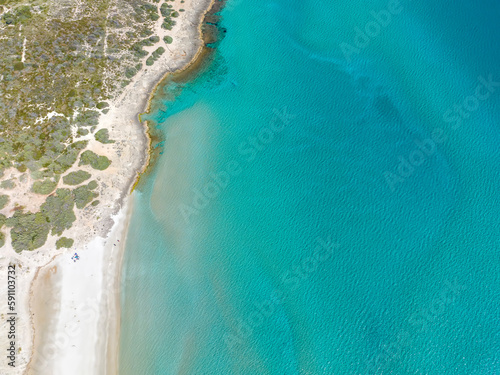 Cesme Akkum beach and cove in Turkey with aerial drone. Turkish name; Çeşme Akkum Plaji