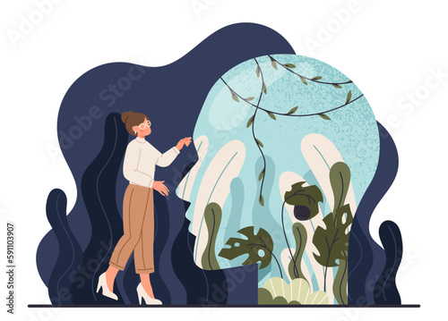 Searching for belief. Woman standing next to abstract head silhouette. Mindfulness and mental health. Self discovery and finding values, inner exploration. Cartoon flat vector illustration