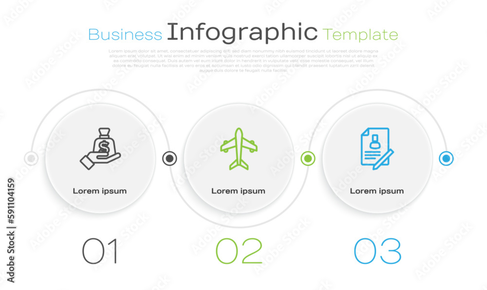 Set line Money in hand, Plane and Document with shield. Business infographic template. Vector Set line Money in hand, Plane and Document with shield. Business infographic template. Vector