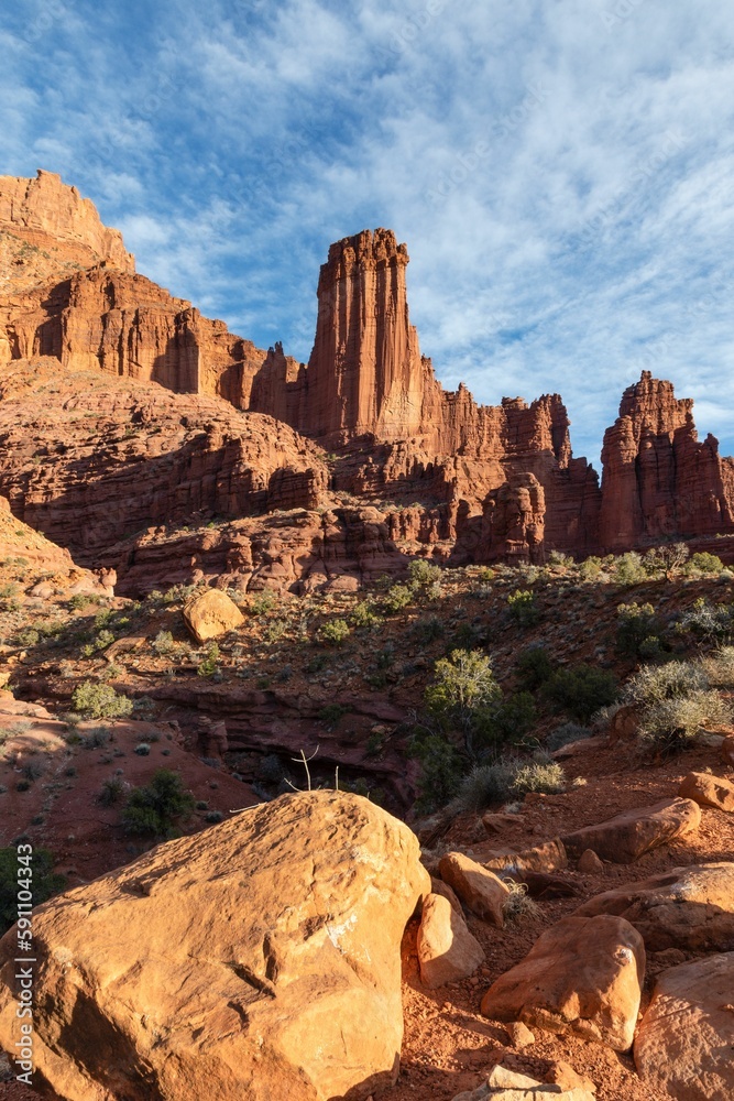 Vertical shot of the beautiful rock formations in Castle Valley. Moab, Utah, United States.