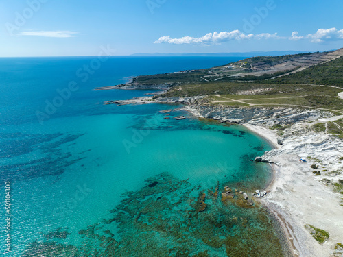 Alacati Beach in Cesme Town  Delikli koy aerial view with drone