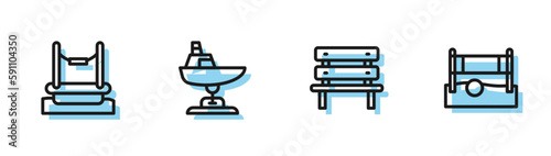 Set line Bench, Bungee, Swing boat and Volleyball net with ball icon. Vector