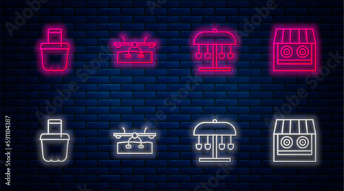 Set line Seesaw, Attraction carousel, Sand in bucket and Shooting gallery. Glowing neon icon on brick wall. Vector