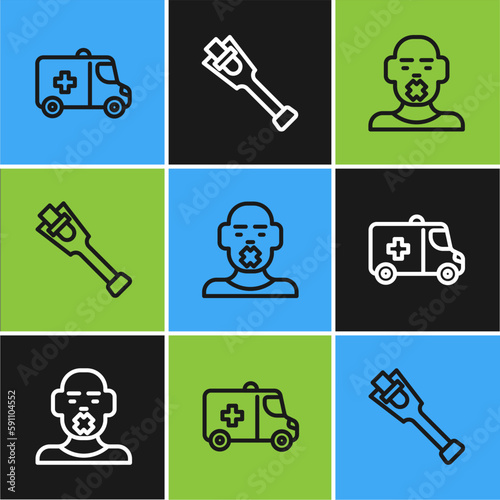 Set line Emergency car, Head of deaf and dumb and Prosthesis leg icon. Vector