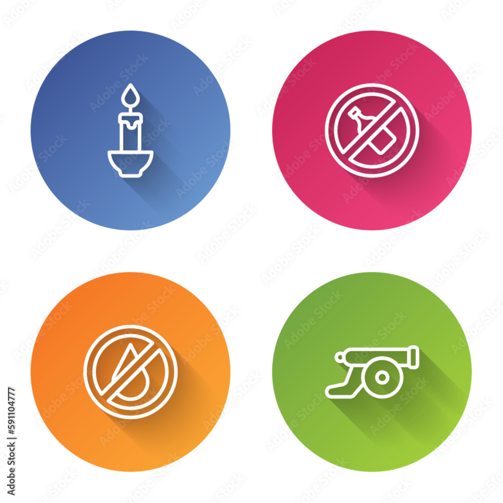 Set line Burning candle, No alcohol, water and Ramadan cannon. Color circle button. Vector Set line Burning candle, No alcohol, water and Ramadan cannon. Color circle button. Vector