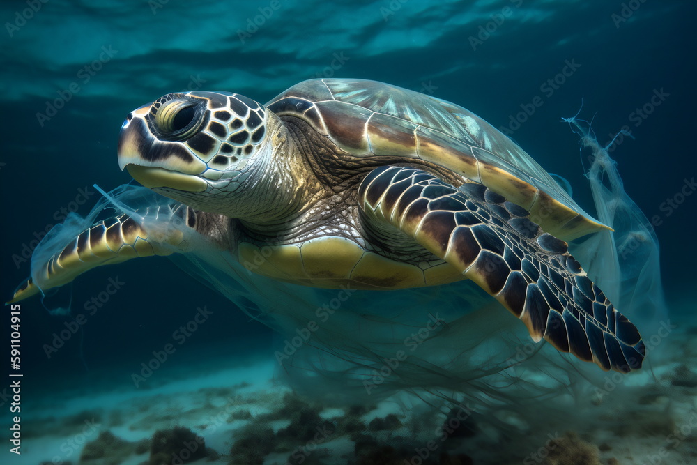 Fototapeta premium a sea turtle caught in plastic underwater, made with generative ai