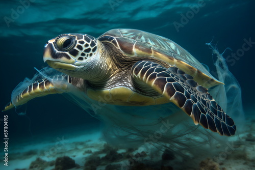 a sea turtle caught in plastic underwater, made with generative ai
