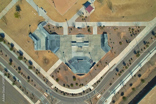 Bird's eye view of the Arizona skate park with skateboard ramp © Steven Bates/Wirestock Creators