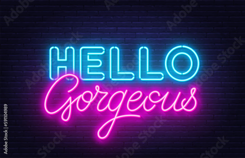 Hello Gorgeous neon quote on brick wall background.