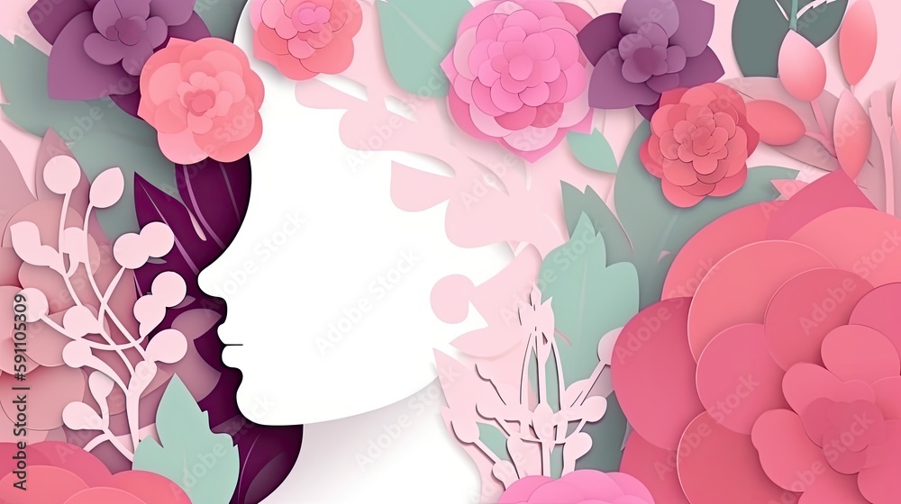 Illustration of face and flowers in paper style generative ai Illustration of face and flowers in paper style generative ai
