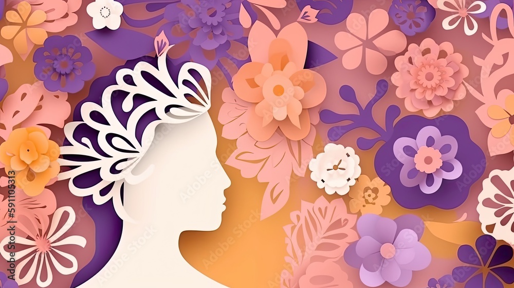 Illustration of face and flowers in paper style generative ai Illustration of face and flowers in paper style generative ai