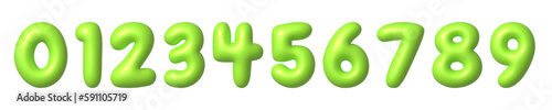 Set of green 3D numbers icons. Cute metallic cartoon math font with shiny bright highlights. 3d realistic vector design element.