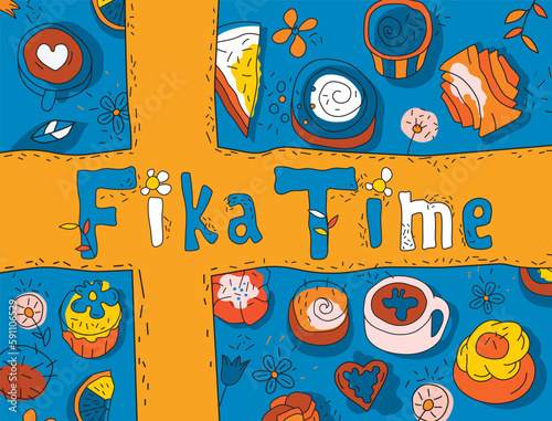 Coffee break decorative poster. Fika background idea