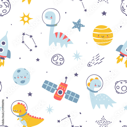 Cute space pattern with dino astronauts. Seamless white vector cosmic print with dinosaurs for baby boys.